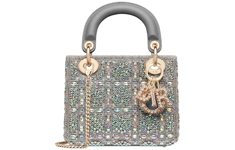 DIOR Lady Dior Cow Leather And Satin Material Handbag, Shoulder Bag, Crossbody Bag Mini Women's Gray
