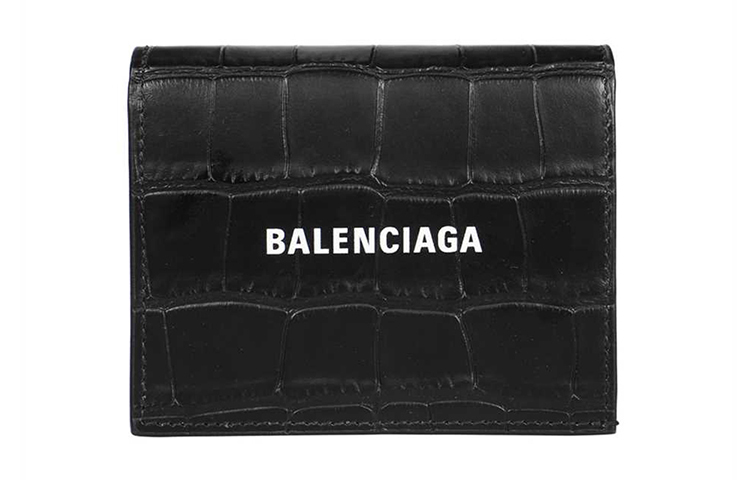 Balenciaga Balenciaga Logo Print Crocodile Embossed Short Cowhide Wallet Mini Women Black