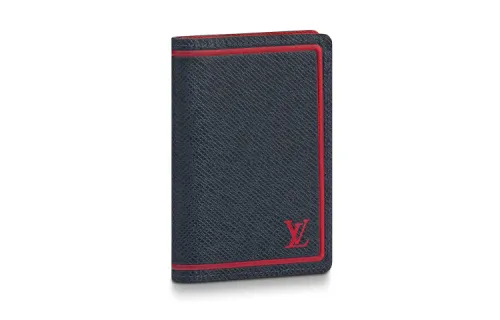 LOUIS VUITTON Pocket Organizer Taigo Leather Cow Leather Trim Wallet Women's Blue/Red