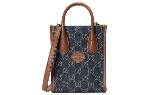 GUCCI Leather Tote Bag, Shopping Bag, Handbag, Shoulder Bag, Crossbody Bag Mini Unisex Blue & Brown