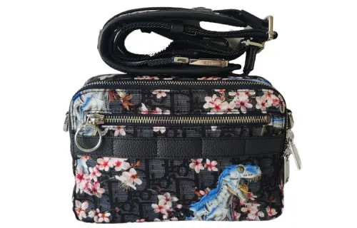 DIOR Dinosaur Cherry Blossom Pattern With Leather Makeup Bag Unisex Multicolor