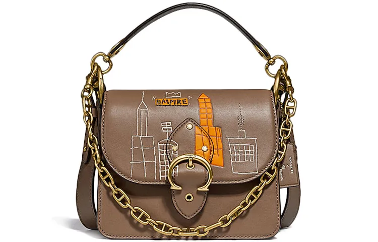 COACH X Basquiat Beat 18 Collaboration Leather Square Bag, Portable Crossbody Bag, Shoulder Bag Small Women's Tan