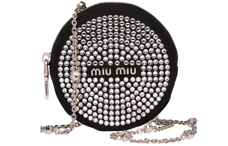 MIU MIU Faux Crystal With Leather Round Bag Coin Purse Necklace Pouch Women's Black