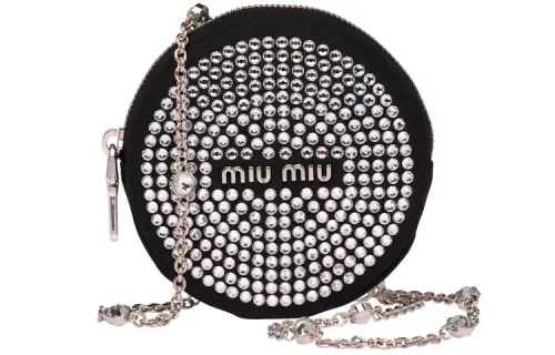 MIU MIU Faux Crystal With Leather Round Bag Coin Purse Necklace Pouch Women's Black