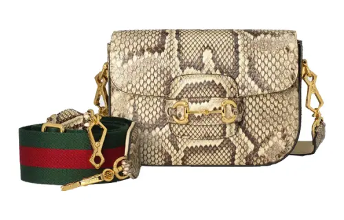 GUCCI Horsebit 1955 Python Skin Saddle Bag, Shoulder Bag, Crossbody Bag Mini Women's Brown/Beige