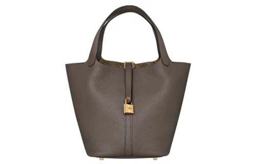 HERMES Picotin Lock Clemence Bullock Leather Basket Bag, Bucket Bag, Handbag 22 Women's 8F Gris ÉTain Tin Gray