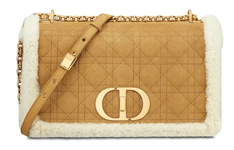 DIOR Caro Sheepskin And Wool Crossbody Bag, Shoulder Bag Women's Camel
