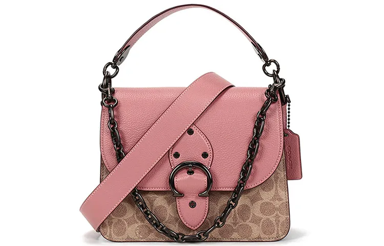 COACH Beat Leather Square Bag, Portable Crossbody Bag, Shoulder Bag Medium Women's Cherry Blossom Pink & Khaki Monogram