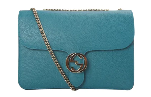 GUCCI Litchi Grain Leather Messenger Bag, Trunk Bag, Crossbody Bag, Shoulder Bag Women's Peacock Blue