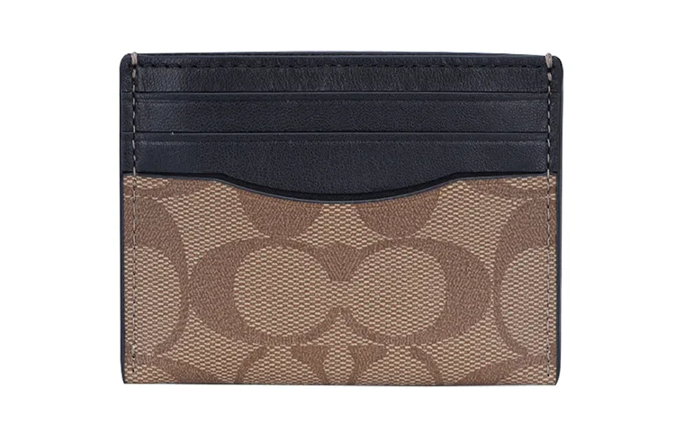 COACH Card Case Coated Canvas With Leather Card Holder, Wallet Men's Black & Tan & Khaki Monogram