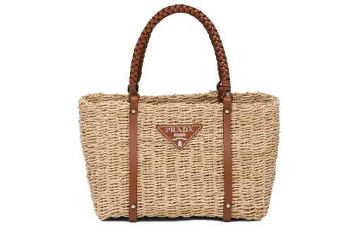 PRADA Smooth Cow Leather And Straw Handbag Unisex Beige