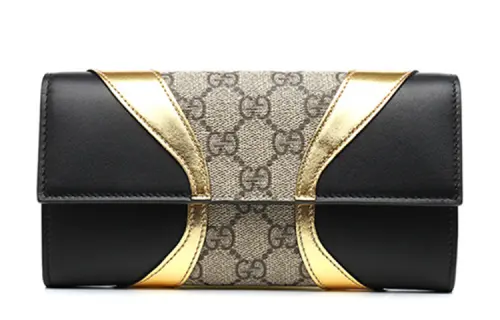 GUCCI Canvas With Leather Long Flap Wallet Women's Black