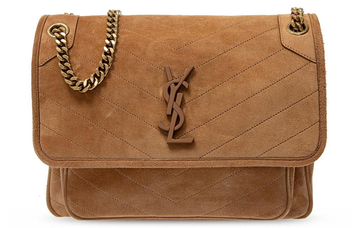 SAINT LAURENT Niki Seamed Suede Hobo Bag, Chain Crossbody Bag, Shoulder Bag Women's Brown