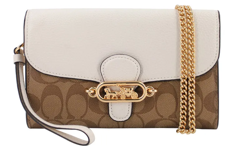 COACH Chain Leather Crossbody Bags Small Women's Khaki & White