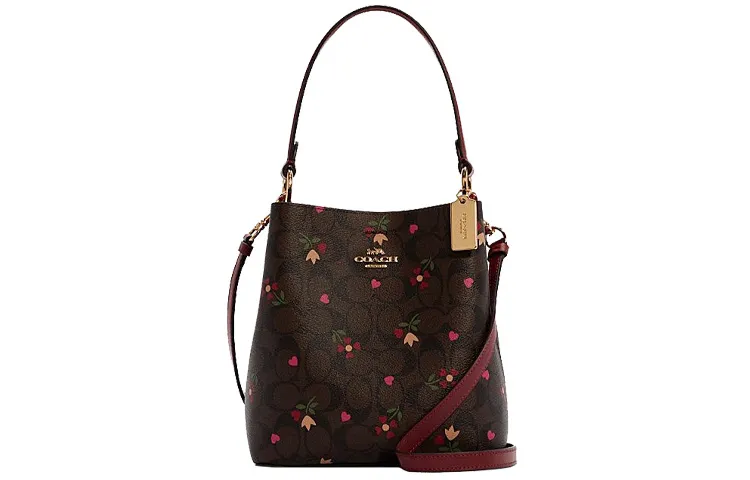 COACH Town Canvas With Leather Bucket Bag, Handbag, Shoulder Bag, Crossbody Bag Small Women's Brown & Burgundy