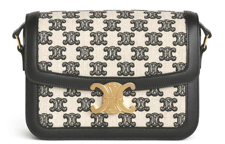 CELINE Triomphe Embroidery Fabric And Cow Leather Handbag, Shoulder Bag Medium Women's Black & White