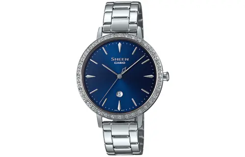 CASIO Casio, swarovski, sapphire glass retroreflective quartz steel belt stainless steel, watch strap, women's watch, blue dial, mirror effect, quartz mechanism, Japanese and Korean