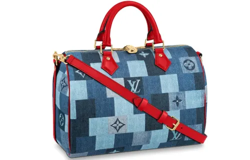 LOUIS VUITTON Speedy Bandouliere 30 Denim Monogram Check Blue/Red
