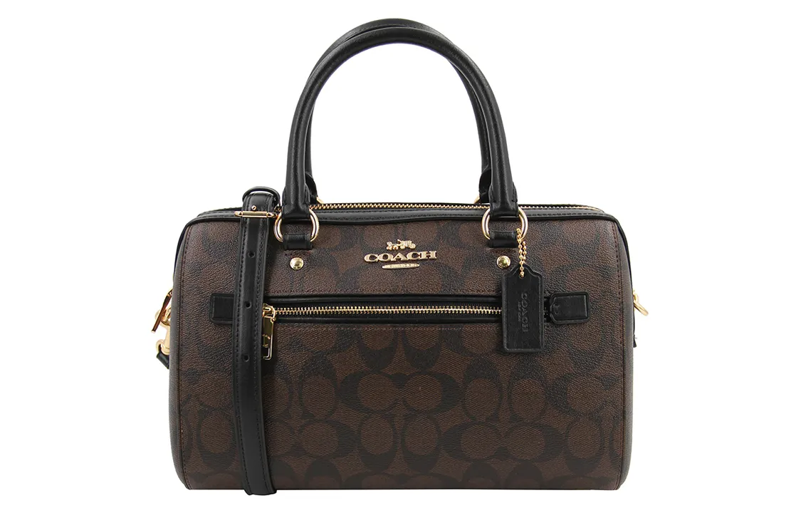 COACH Rowan Coated Canvas With Smooth Leather Boston Bag, Crossbody Handbag Large Women's Dark Brown
