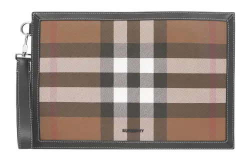 Burberry Zip Closure Plaid With Leather Storage Bag Clutch Men's Dark Birch Brown