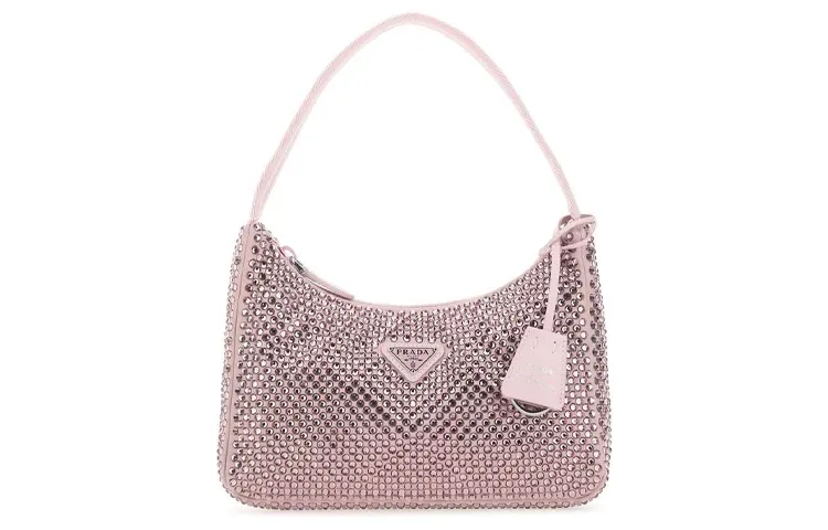 PRADA Re Edition Satin Fabric With Crystal Embellishments Underarm Handbag, Shoulder Bag Mini Women's Pink