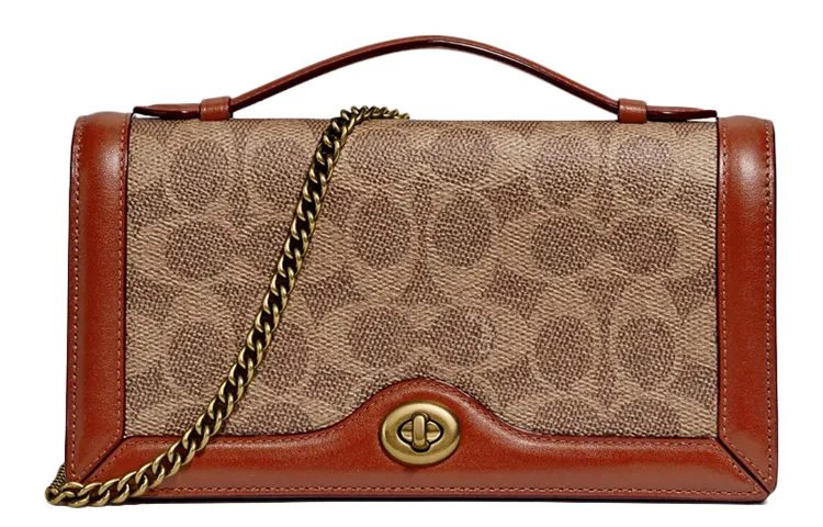 COACH Riley Leather Small Square Bag, Handbag, Shoulder Bag, Crossbody Bag Small Women's Red & Brown & Umber Monogram