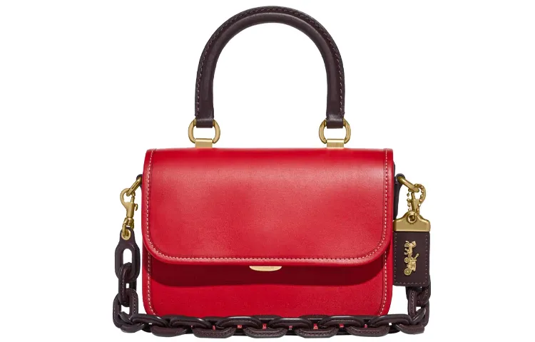 COACH Rogue Leather Trunk Bag, Small Square Bag, Crossbody Bag, Handbag Small Women's Red/Brown