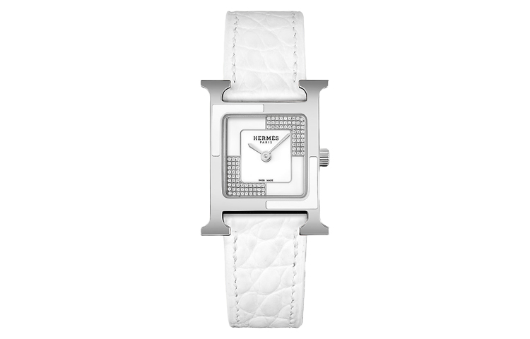 HERMES Heure H Wrist Watches Quartz Movement Crocodile Leather Strap White Dial Women's Watch