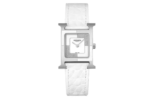 HERMES Heure H Wrist Watches Quartz Movement Crocodile Leather Strap White Dial Women's Watch