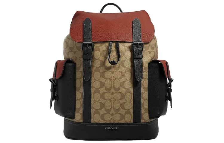 COACH Hudson Canvas With Leather Backpack Regular Men's Khaki & Black
