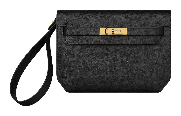 HERMES Kelly Depeches Cow Leather Clutch 25 Men's Black