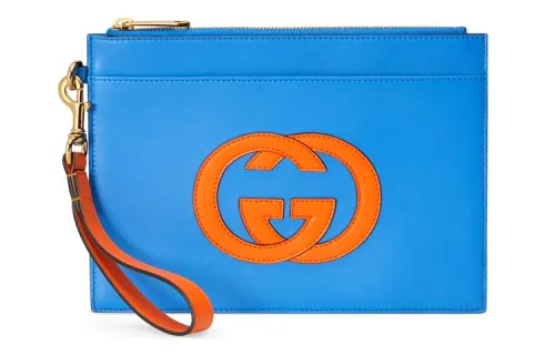 GUCCI Leather Wristband Clutch Unisex Blue/Orange