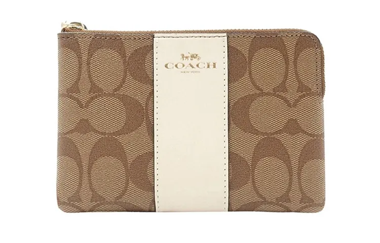 COACH Leather Pochette Coin Purse Wrist Bag Clutch Small Women's Khaki, White
