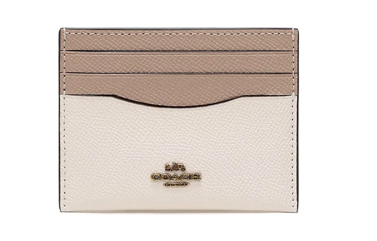 COACH Card Case Cross Grain Leather Card Holder Card Holder Women's Chalk White & Light Coffee Multicolor