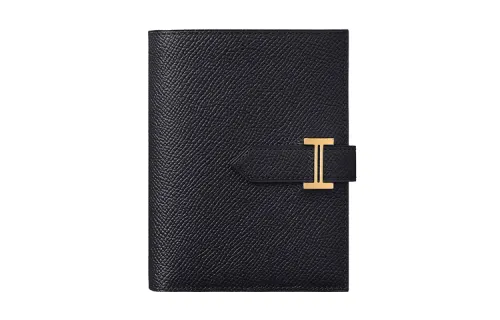 HERMES Bearn Gold tone Lock Epsom Calfskin Short Wallet Unisex 76 Bleu Indigo
