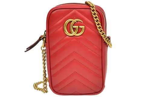 GUCCI GG Marmont Cow Leather Cell Phone Pouch, Shoulder Bag, Crossbody Bag Mini Women's Red