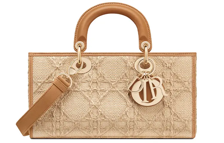 DIOR Lady D JOY Raffia With Leather Handbag, Shoulder Bag, Crossbody Bag Women's Gold/Tawny