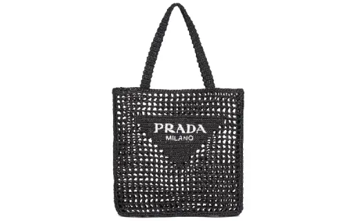 PRADA Raffia Fiber Tote Bag, Shopping Bag, Shoulder Bag, Handbag Women's Black