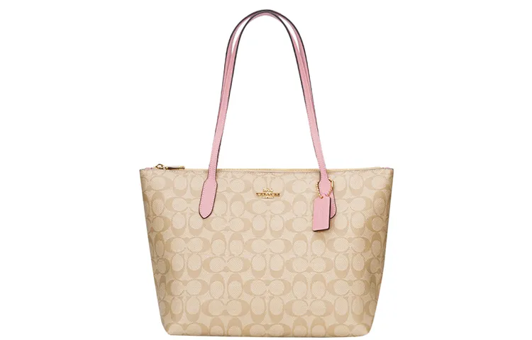 COACH Zip Top Tote PVC With Cow Leather Shoulder Bag Large Women's Light Khaki & Cherry Blossom Pink