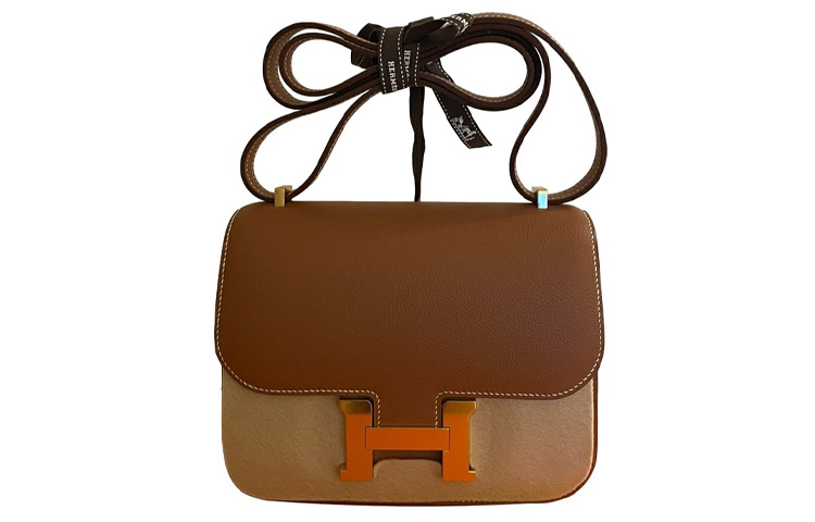 HERMES Hermès Constance Mini 19 Evercolor calfskin gold buckle shoulder crossbody bag mini women's 37 Gold golden brown