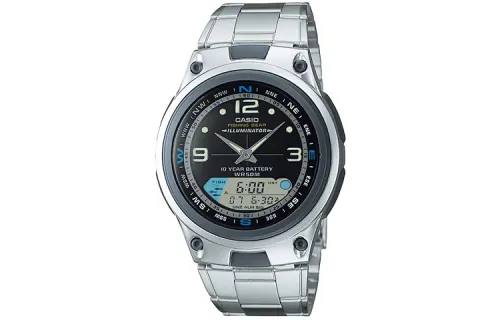 CASIO Casio Ten Years Electric Fishing Flood Display Series Digital Pointer Dual Display Retro Steel Belt Tidal Moon Phase Quartz Movement Stainless Steel Strap Japanese and Korean Watch Men's Watch Black Dial AW-82D-1A