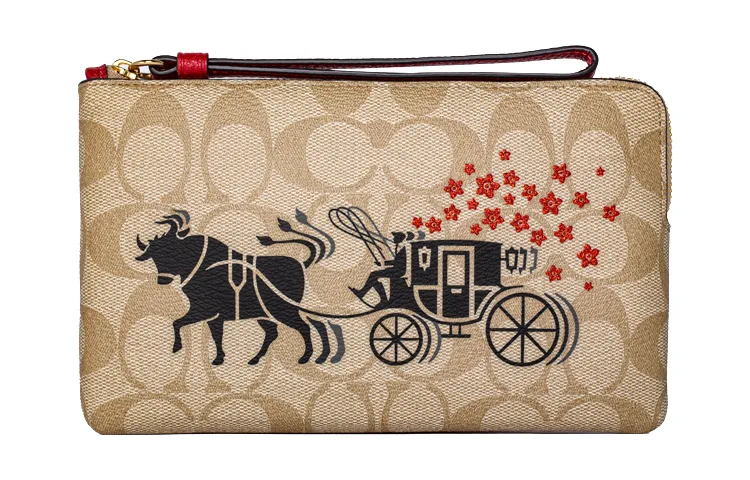 COACH Corner Zip Coated Canvas With Leather Clutches Small Women's Beige/Brown
