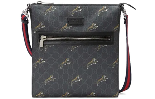 GUCCI Canvas With Leather Crossbody Bag, Shoulder Bag Men's Black Gray
