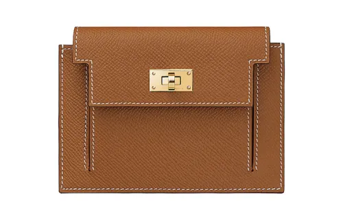 HERMES Kelly Pocket Cow Leather Coin Purse Unisex 37 Gold Brown