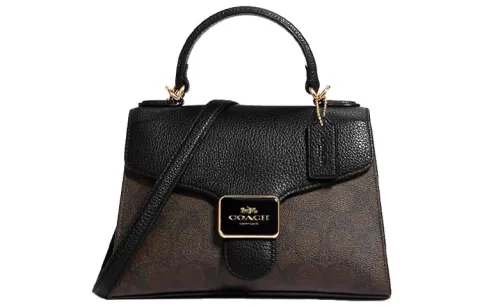 COACH Pepper Coated Canvas With Leather Handbag, Shoulder Bag, Crossbody Bag Small Women's Brown & Black & Gold