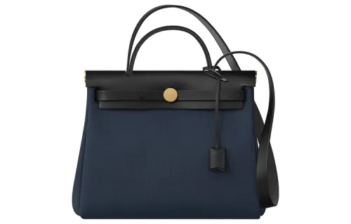 HERMES Herbag Zip Canvas With Hunter Cow Leather Shoulder Bag, Crossbody Bag, Handbag 31 Unisex Marine Blue