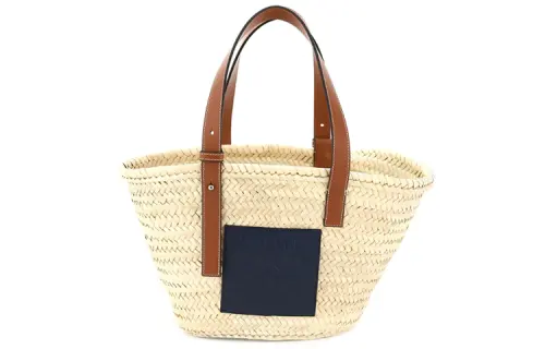 LOEWE Raffia Woven Calfskin Basket Bag, One Shoulder Handbag Women's Ocean Blue/Beige