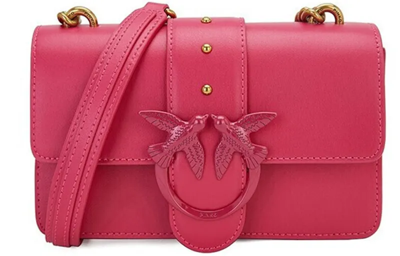 PINKO Cow Leather Chain Bag, Swallow Bag, Crossbody Bag, Shoulder Bag Women's Dark Rose Red