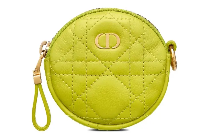 DIOR Cow Leather Wicker Pattern Coin Purse, Clutch Women's Green Yellow
