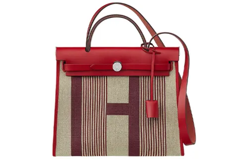 HERMES Herbag Zip Striped Leather Shoulder Bag, Crossbody Bag, Handbag 31 Unisex Red/Light Taupe